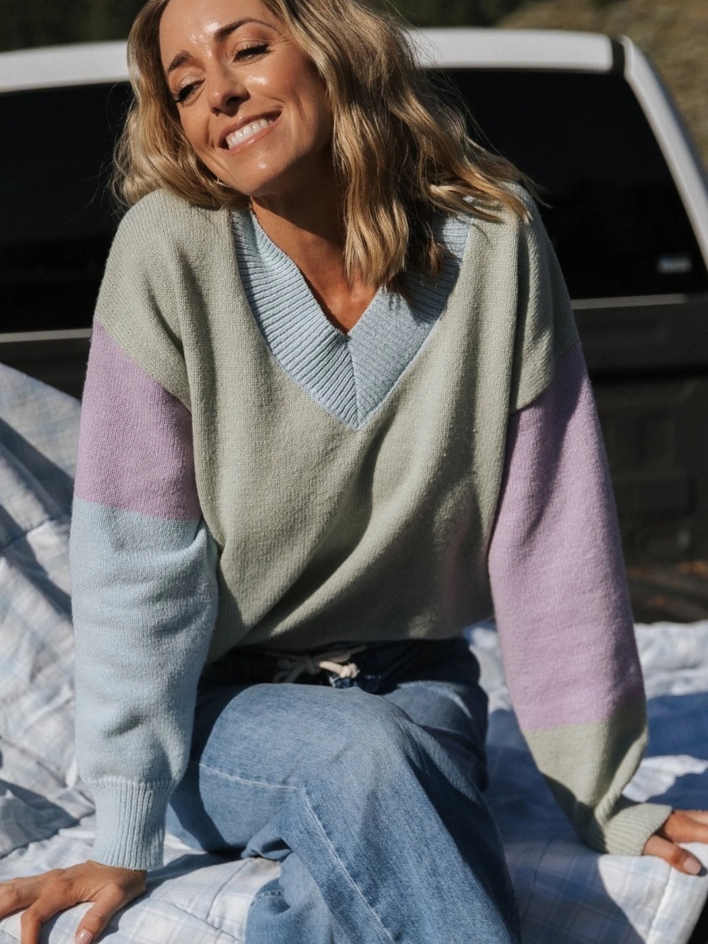 Baltic Born Pastel Colorblock V-Neck Sweater - Sage, Lilac & Sky Blue